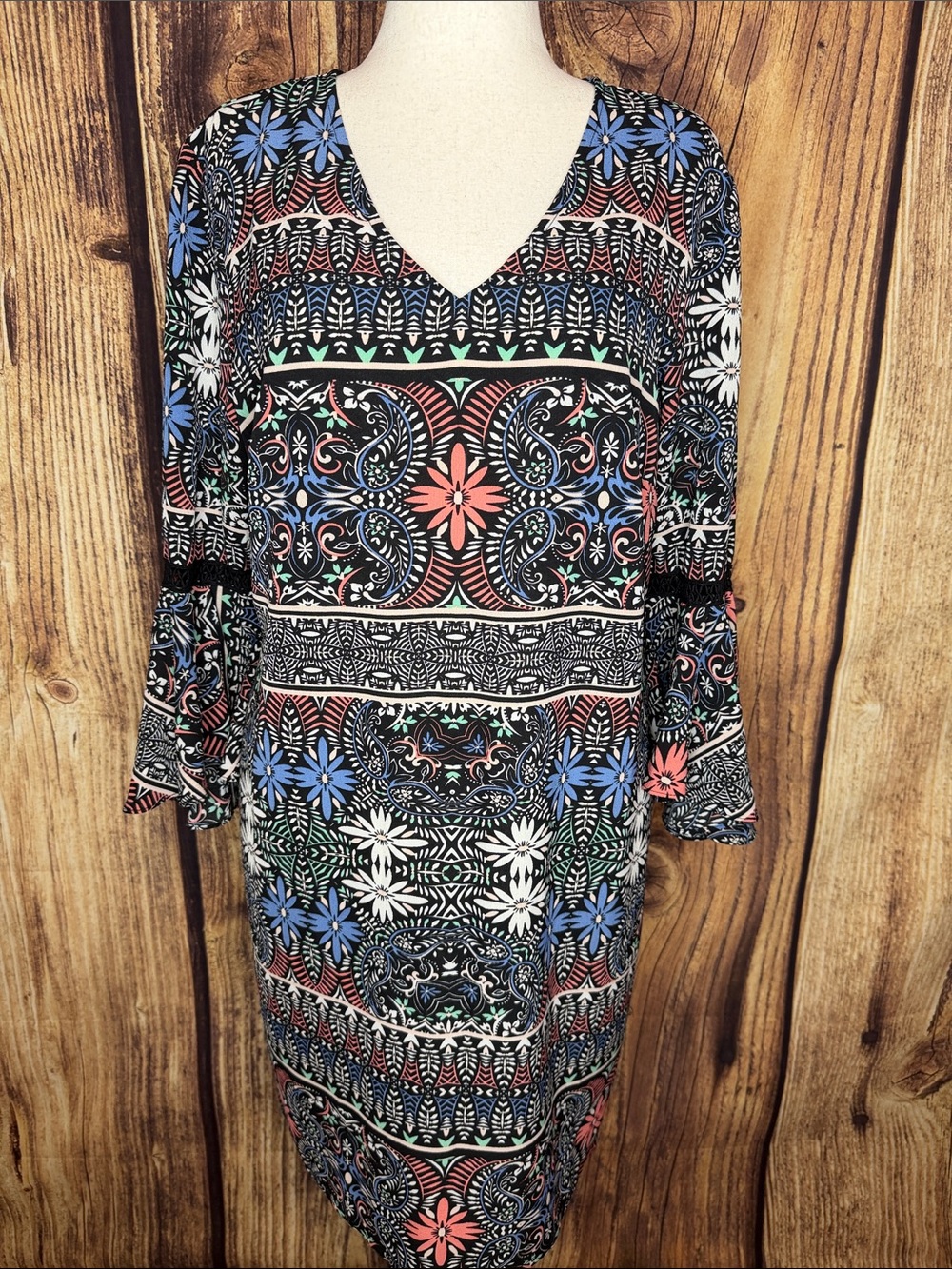 V-Neck Midi Dress in Black Floral Medallion Print